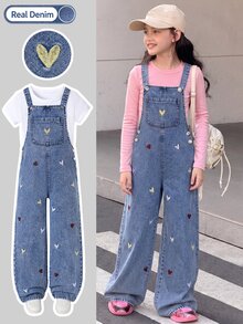 SHEIN Jumpsuit Overall Denim Anak Perempuan, Denim Biru Pink Pudar, Bordir Hati Aneka Warna, Saku Dada Depan, Tali Gesper Logam yang Dapat Diatur, Kaki Lebar, Musim Gugur - Light Wash - View 1