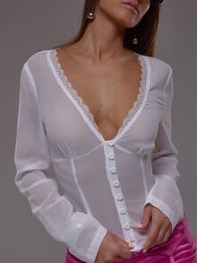 MUSERA White Mesh Lace Trim Long Sleeve Button Down Top Autumn Fall Winter Cute Everyday Office Corporate Romance - White - View 5