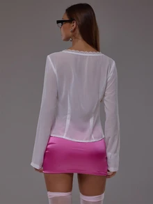 MUSERA White Mesh Lace Trim Long Sleeve Button Down Top Autumn Fall Winter Cute Everyday Office Corporate Romance - White - View 4