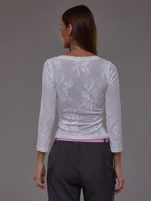 MUSERA White Lace V Neck 3/4 Sleeve Top Autumn Fall Winter Cute Everyday Office Corporate Romance - White - View 4