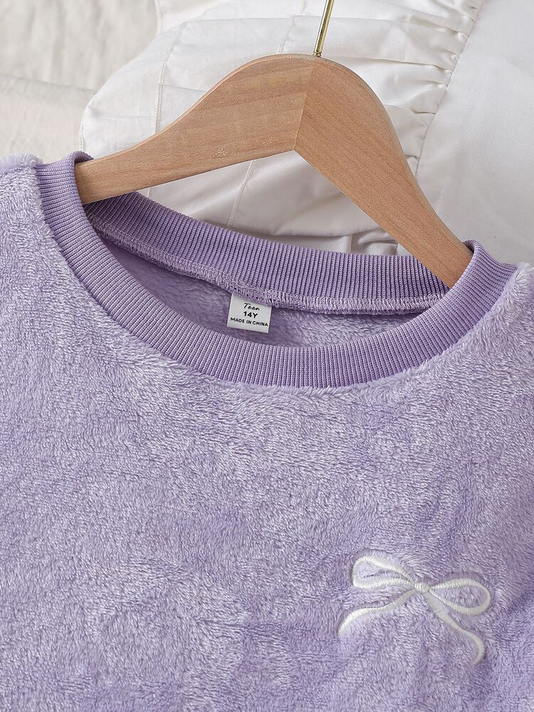 Teen Girls Pajamas Autumn/Winter New Flannel Bow Embroidery Round Neck Top & All-Over Print Fair Isle Butterfly Plush Pants 2pcs Set Soft Skin-Friendly Loungewear 1 SET - Purple - View 4