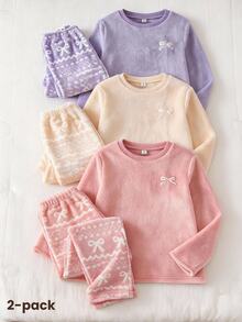 Teen Girls Pajamas Autumn/Winter New Flannel Bow Embroidery Round Neck Top & All-Over Print Fair Isle Butterfly Plush Pants 2pcs Set Soft Skin-Friendly Loungewear 1 SET - Purple - View 8