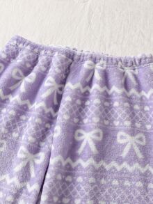 Teen Girls Pajamas Autumn/Winter New Flannel Bow Embroidery Round Neck Top & All-Over Print Fair Isle Butterfly Plush Pants 2pcs Set Soft Skin-Friendly Loungewear 1 SET - Purple - View 6