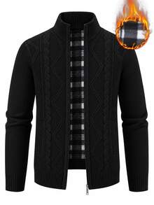 Manfinity CasualKnits 男士秋冬羅紋拉鍊長袖針織開襟衫 - 黑色 - 查看 1