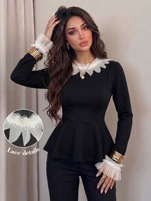 Modelyn French Style White Petal Lace Collar Long Sleeve Black Cinched Waist Spring Autumn Ruffle Hem Blouse - Black - View 3