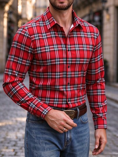Manfinity Mode Men's Simple Red Black Plaid Long Sleeve Shirt, Button Up Casual Shirt For Party Fall