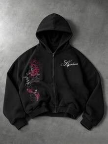 Manfinity EMRG Men's Plus Size Letter Print Casual Daily Wear Hoodie - Black - View 1