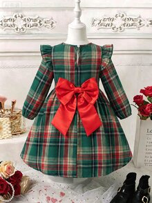 1件女童秋冬新學期圓領荷葉袖荷褶長袖綠色格紋與紅色腰部緞面拼接露背水滴大蝴蝶結裝飾公主裙，適合派對、生日、聖誕節 - 紅色 - 查看 2
