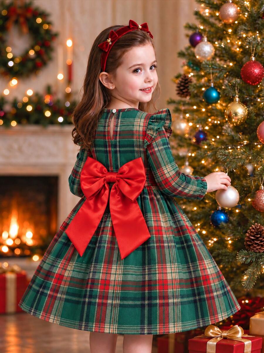1pc Girls Autumn/Winter New Back To School Season Round Neck Flutter Sleeve Ruffle Long Sleeve Green Plaid & Red Waist Satin Patchwork Back Water Drop Big Bow Decor Princess Dress For Party, Birthday, Christmas - Red - View 1