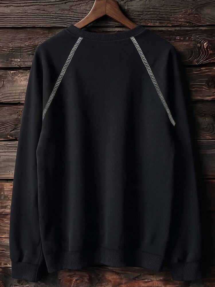 Resyla Sweatshirt Wanita Minimalis Motif Kucing, Leher Bulat Raglan, Blok Warna, Hadiah untuk Teman - Hitam - View 2