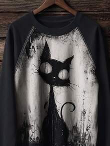 Resyla Cat Print Fashion Minimalist Women's Raglan Round Neck Colorblock Sweatshirt, Gift For Friends - Black - View 3