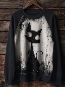 Resyla Cat Print Fashion Minimalist Women's Raglan Round Neck Colorblock Sweatshirt, Gift For Friends - Black - View 1