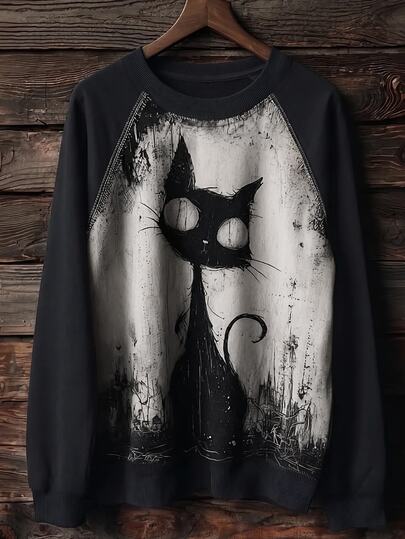 Resyla Cat Print Fashion Minimalist Women's Raglan Round Neck Colorblock Sweatshirt, Gift For Friends