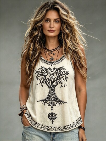 Linhara CURVE Women's Plus Size Subculture Tree Of Life Print Round Neck Sleeveless Loose Tank Top