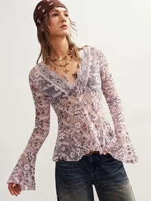 Bohemela Women's Lace Patchwork Sexy Casual Long Sleeve Top - Purple - View 7