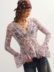 Bohemela Women's Lace Patchwork Sexy Casual Long Sleeve Top - Purple - View 5