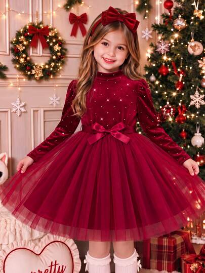SHEIN 1pc Young Girl Autumn/Winter New High Neck Gigot Sleeve Design Waist Belt Design Velvet Foil Print Design Mesh Hemline Luxurious Elegant Fabric Party Birthday Commute Puff Mesh Princess Dress
