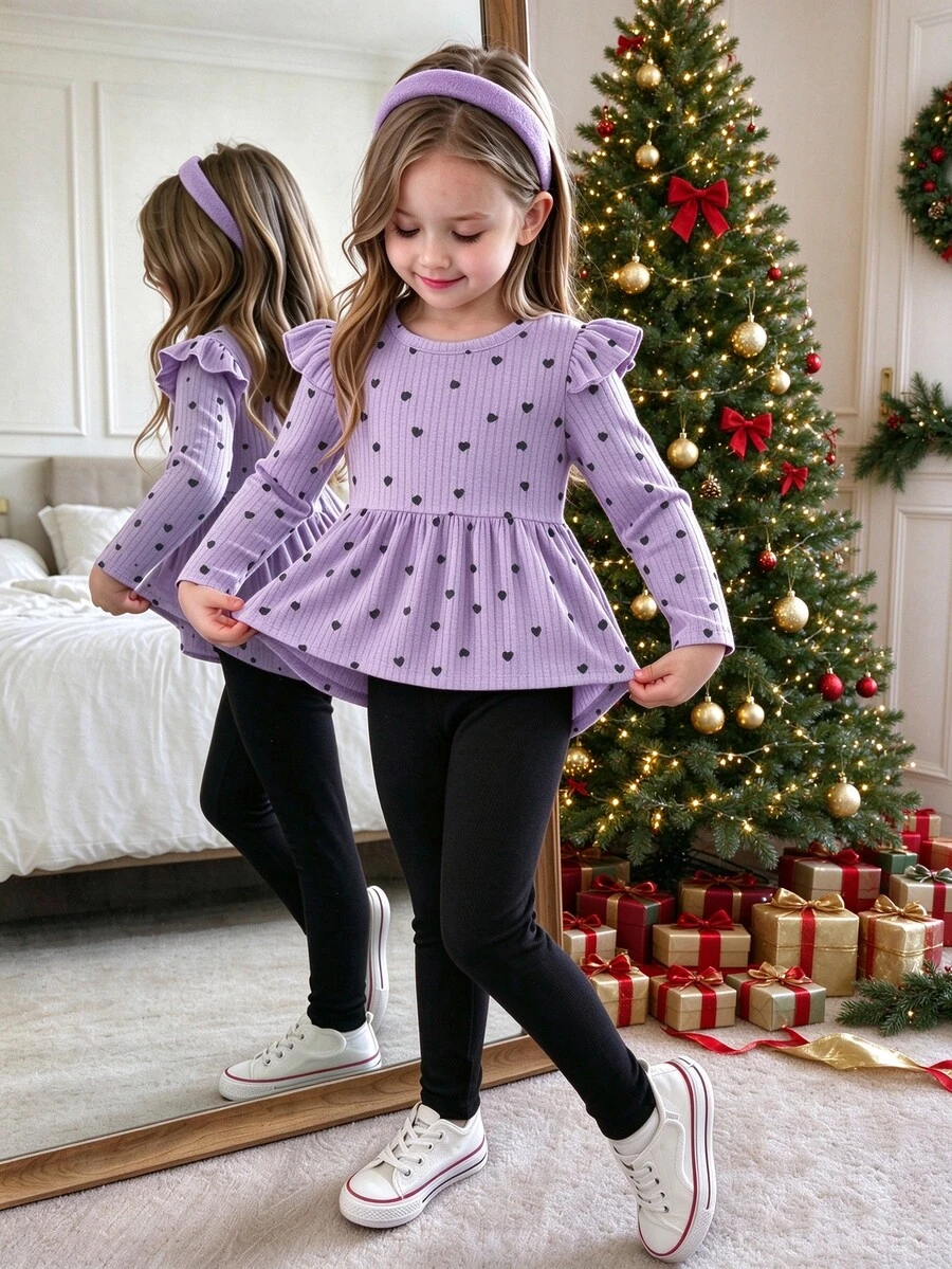Elladie kids 2 قطعة/مجموعة تي شيرت بأكمام طويلة مع طباعة قلب وحافة مكشكشة وسروال ضيق للبنات، ربيع/خريف، أنماط خريفية جديدة - الأرجواني - مشاهدة 1