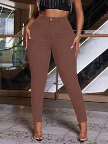 SHEIN SXY Old Money Plus Size Denim Stretch All-Match Leggings - Coffee Brown - View 7