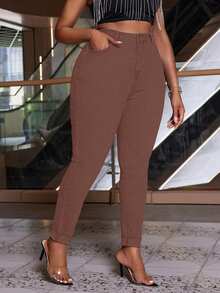SHEIN SXY Old Money Plus Size Denim Stretch All-Match Leggings - Coffee Brown - View 5