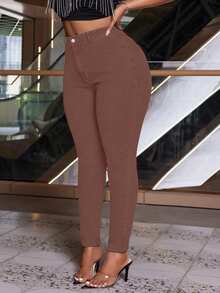 SHEIN SXY Old Money Plus Size Denim Stretch All-Match Leggings - Coffee Brown - View 1