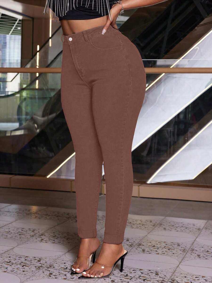 SHEIN SXY Old Money Plus Size Denim Stretch All-Match Leggings - Coffee Brown - View 1