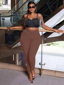 SHEIN SXY Old Money Plus Size Denim Stretch All-Match Leggings - Coffee Brown - View 6