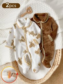 SHEIN 2件組新生兒嬰兒連身衣，秋冬法蘭絨保暖內裡加厚毛絨爬行衣，可愛熊圖案拼色滾邊長袖連腳連身衣，男嬰/女嬰居家穿著套裝 - 彩色 - 查看 2