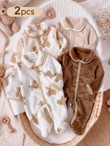 SHEIN 2件組新生兒嬰兒連身衣，秋冬法蘭絨保暖內裡加厚毛絨爬行衣，可愛熊圖案拼色滾邊長袖連腳連身衣，男嬰/女嬰居家穿著套裝 - 彩色 - 查看 1