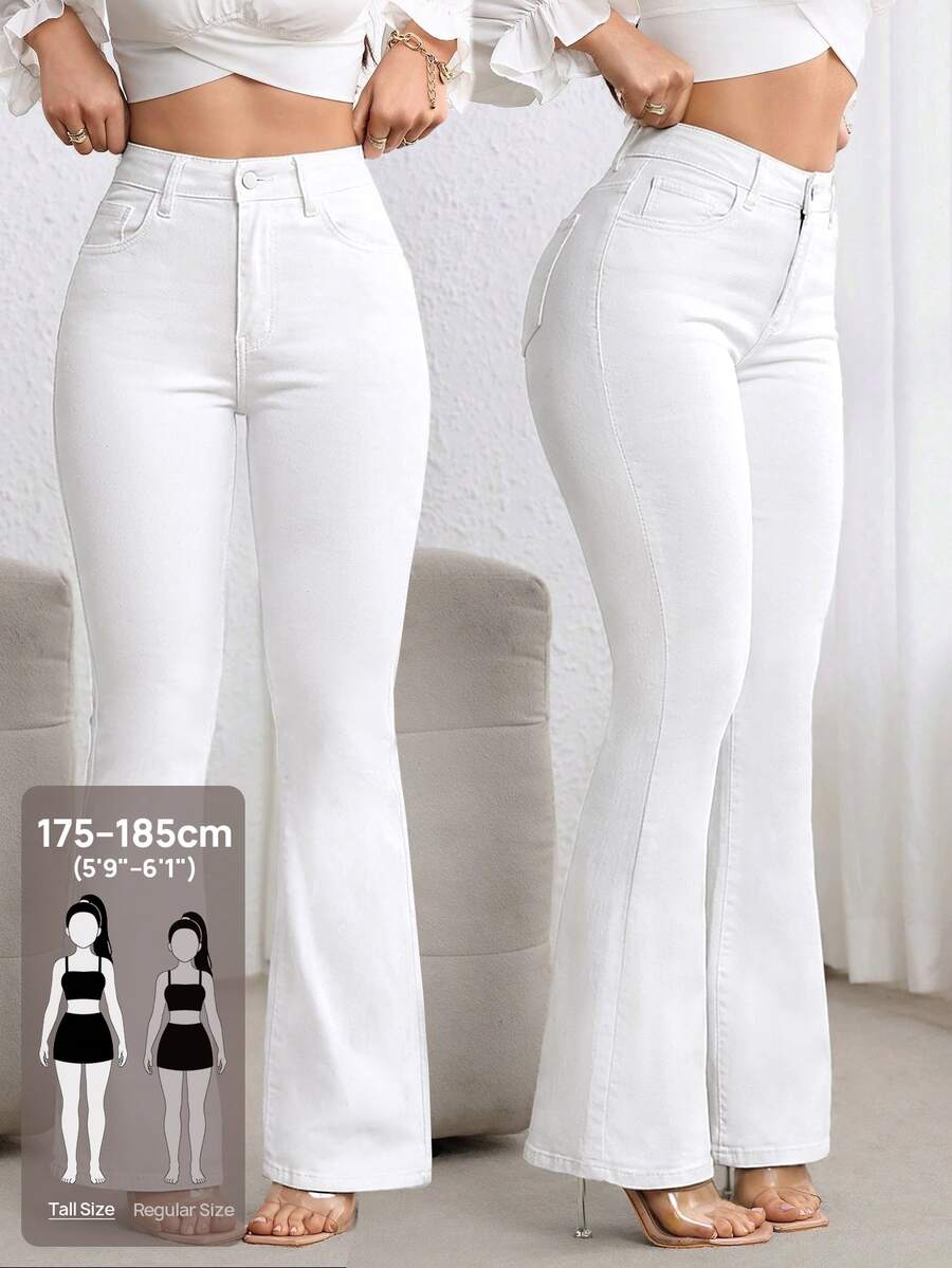 Flexra Tall Fall Elegant Slimming Button Zip Stretch Denim White Commute Office Flattering Flare Denim Jeans For Women - White - View 1