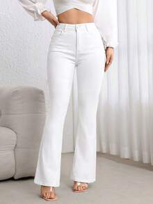 Flexra Tall Fall Elegant Slimming Button Zip Stretch Denim White Commute Office Flattering Flare Denim Jeans For Women - White - View 4