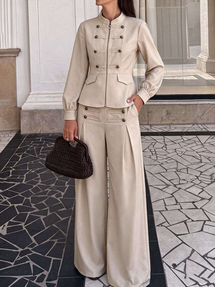 Selianne Women's Spring/Summer Napoleon Double-Breasted Stand Collar Long Sleeve Cinched Waist Short Top & Double-Breasted Decor Wide Leg Pants 2 Pieces Set, Suitable For Travel, Outings, Gatherings, Shopping - Khaki - View 1