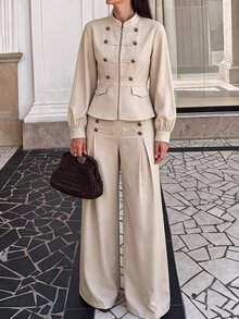 Selianne Women's Spring/Summer Napoleon Double-Breasted Stand Collar Long Sleeve Cinched Waist Short Top & Double-Breasted Decor Wide Leg Pants 2 Pieces Set, Suitable For Travel, Outings, Gatherings, Shopping - Khaki - View 4