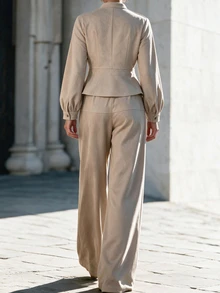 Selianne Women's Spring/Summer Napoleon Double-Breasted Stand Collar Long Sleeve Cinched Waist Short Top & Double-Breasted Decor Wide Leg Pants 2 Pieces Set, Suitable For Travel, Outings, Gatherings, Shopping - Khaki - View 2