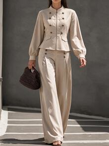 Selianne Women's Spring/Summer Napoleon Double-Breasted Stand Collar Long Sleeve Cinched Waist Short Top & Double-Breasted Decor Wide Leg Pants 2 Pieces Set, Suitable For Travel, Outings, Gatherings, Shopping - Khaki - View 5