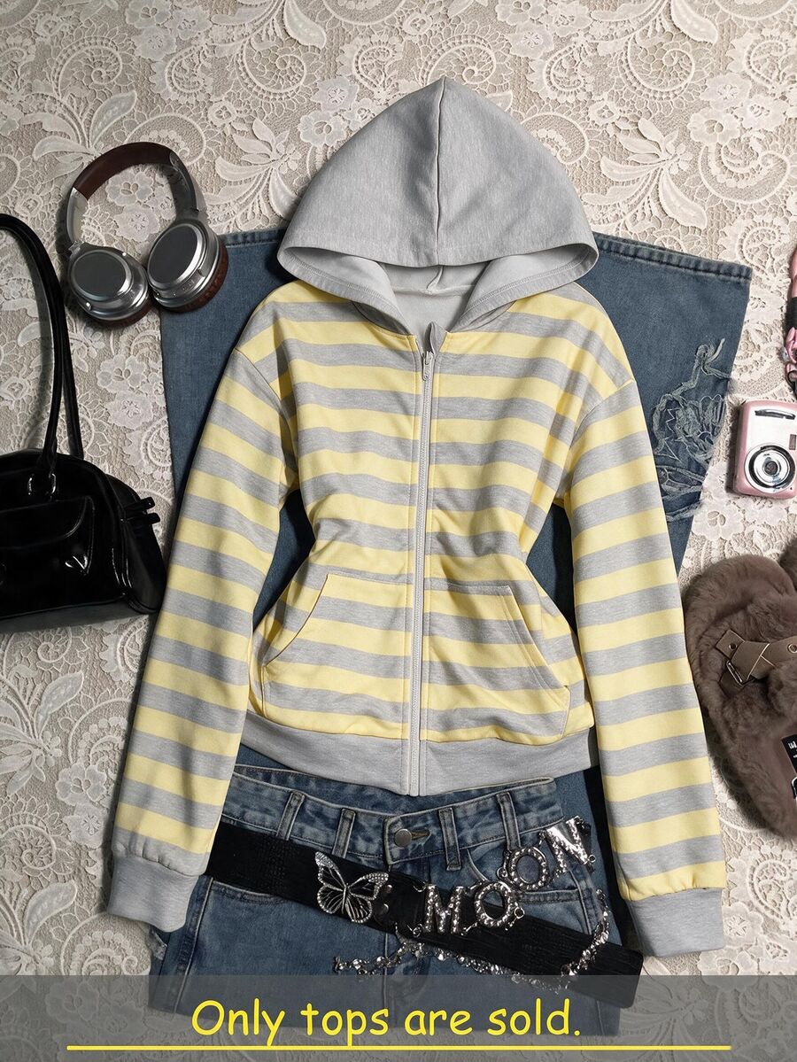 Girls' Striped Hooded Jacket, Fresh Soft Yellow-Grey Horizontal Stripe, Loose Drop Shoulder Fit, Thermal Lined For Fall, Casual Y2k Jacket For School - Multicolor - View 1