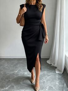 Elenzga Women's Plus Size French Elegant Solid Color Padded Shoulder Sleeveless Dress, High Waist Side Tie Ruched Flattering Asymmetrical Hem Midi Dress For Commute - Black - View 5