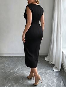 Elenzga Women's Plus Size French Elegant Solid Color Padded Shoulder Sleeveless Dress, High Waist Side Tie Ruched Flattering Asymmetrical Hem Midi Dress For Commute - Black - View 2