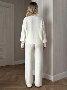SHEIN Pearl Button Soft Knit V Neck Cardigan & Wide Leg Pants Set - White - View 2