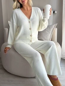 SHEIN Pearl Button Soft Knit V Neck Cardigan & Wide Leg Pants Set - White - View 7
