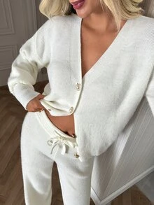 SHEIN Pearl Button Soft Knit V Neck Cardigan & Wide Leg Pants Set - White - View 6