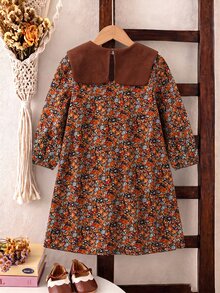 SHEIN Elladie kids 小女孩碎花彼得潘領長袖復古休閒洋裝，適合感恩節家庭假期拍照、日常穿著與旅行 - 棕色 - 查看 2