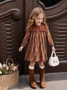 SHEIN Elladie kids 小女孩碎花彼得潘領長袖復古休閒洋裝，適合感恩節家庭假期拍照、日常穿著與旅行 - 棕色 - 查看 3