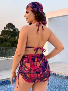 SHEIN Swim Curve 大码花卉印花分体比基尼套装 4 件套音乐节夏季海滩 - 彩色 - 查看 2