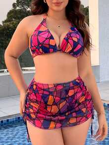 SHEIN Swim Curve 大码花卉印花分体比基尼套装 4 件套音乐节夏季海滩 - 彩色 - 查看 4