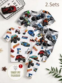 [8 Sets Randomly Send 2 Sets]Baby Boys Pajamas Cute Car Print Short Sleeve Long Pants Knit Comfortable Soft Snug Fit Sleepwear Loungewear Set - Multicolor - View 5