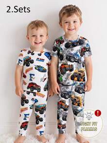 [8 Sets Randomly Send 2 Sets]Baby Boys Pajamas Cute Car Print Short Sleeve Long Pants Knit Comfortable Soft Snug Fit Sleepwear Loungewear Set - Multicolor - View 4