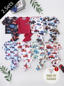 [8 Sets Randomly Send 2 Sets]Baby Boys Pajamas Cute Car Print Short Sleeve Long Pants Knit Comfortable Soft Snug Fit Sleepwear Loungewear Set - Multicolor - View 2