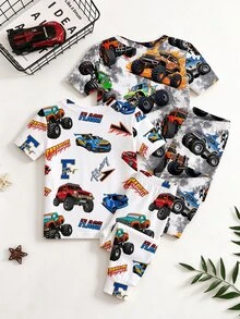 [8 Sets Randomly Send 2 Sets]Baby Boys Pajamas Cute Car Print Short Sleeve Long Pants Knit Comfortable Soft Snug Fit Sleepwear Loungewear Set - Multicolor - View 3