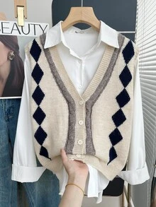 SHEIN Franclia Women's Colorblock Casual Versatile Daily Wear Knitted Vest - Apricot - View 4